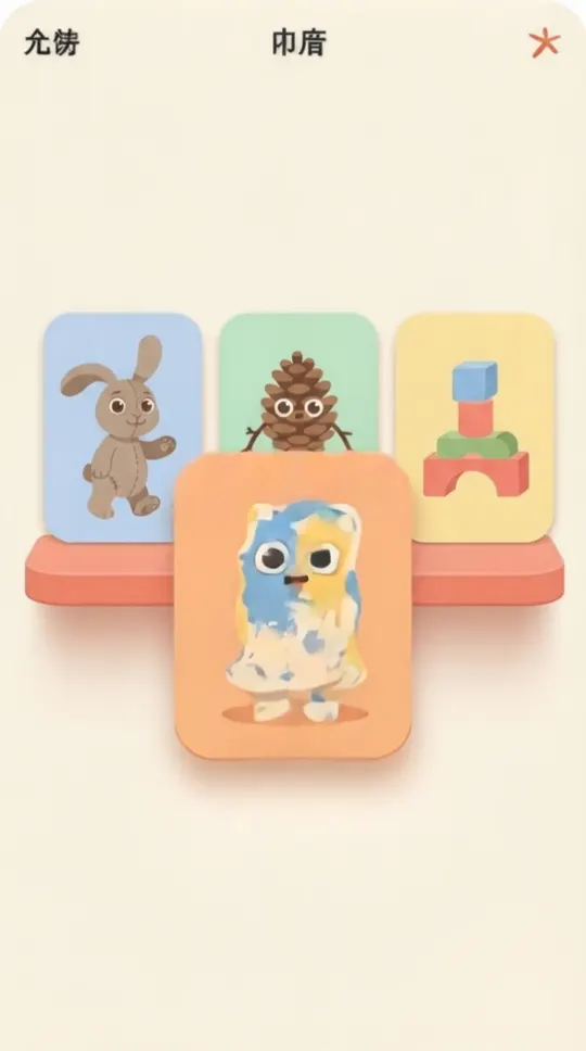 Phone screen: the new character card drops onto a shelf beside the cast that already exists, and the shelf settles.