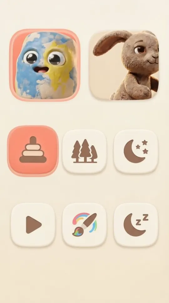 Phone screen: three rows of big picture-buttons — who, where, what — tapped in turn. No text entry anywhere.