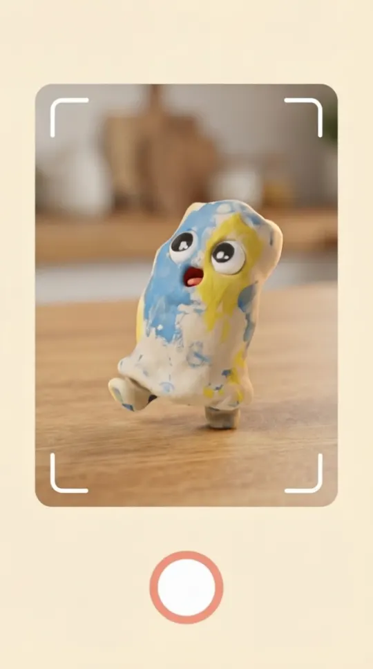 Phone screen: a camera viewfinder over the clay figure, a capture ring pulses once, shutter fires, the frame freezes.
