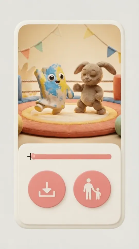 Phone screen: the finished episode plays, then a row appears offering to save it or ask a grown-up to share.