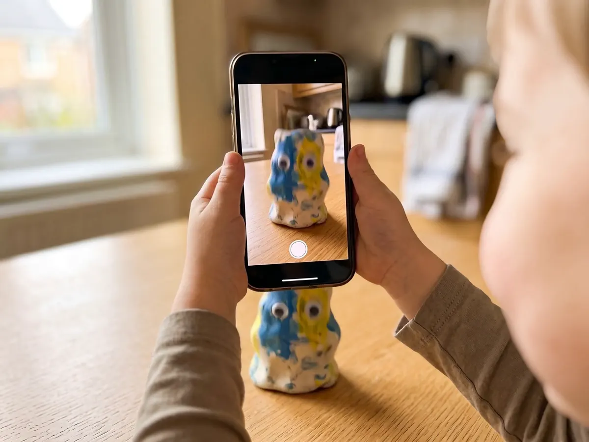 The phone camera passes over the clay figure and captures it.