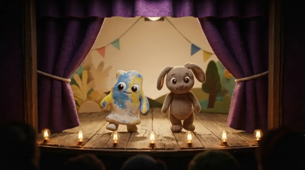 Sparky and Bobo step forward together and take a bow, curtains behind them, warm stage light.