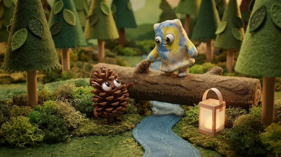 Sparky reaches down from a felt log and pulls Pricky across a stitched fabric stream, lantern light on the moss.