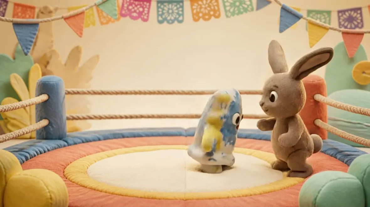Sparky and Bobo bounce and dodge around a soft toy ring of padded fabric and rope, bunting overhead, then help each other up.