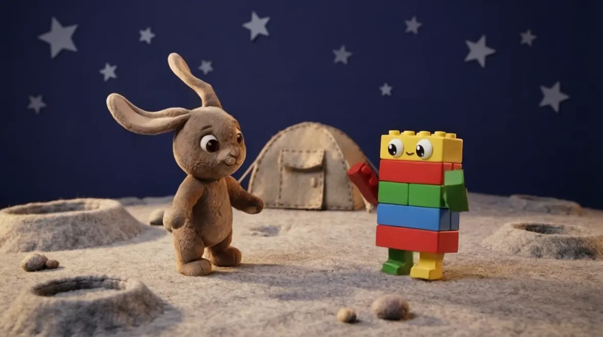 Bobo and Tinbox bounce high off a felt moon surface under cut-paper stars, ears and arms floating in low gravity.