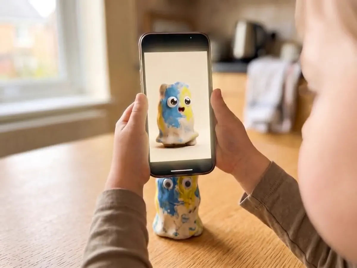 A child holds a phone over their painted-clay figure at the kitchen table; on screen the same figure is alive and moving.
