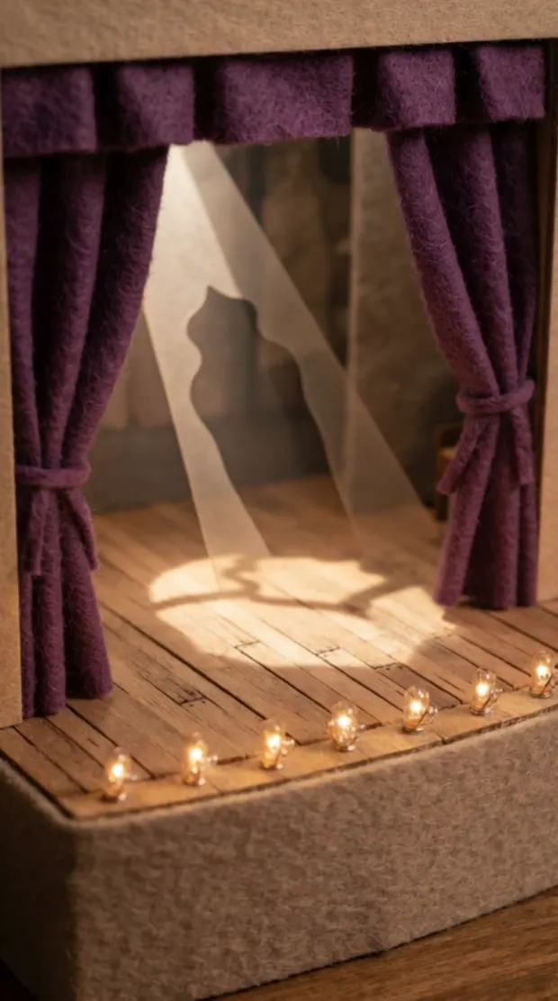 A little theatre stage with purple felt curtains parting and a cut-paper beam of light sweeping the boards.