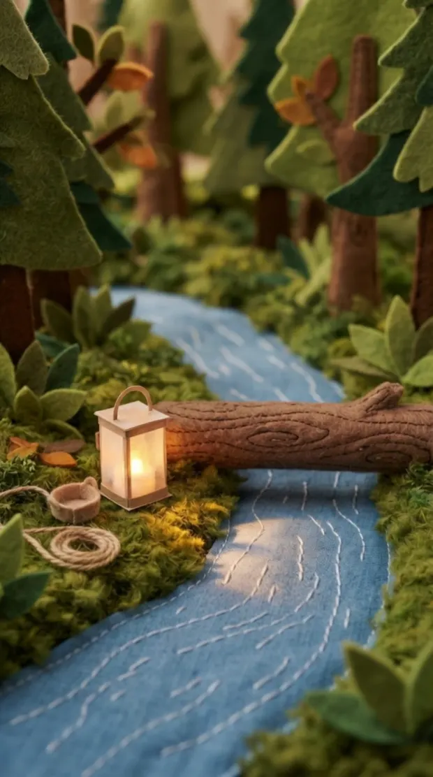 A woodland set of felt trees and a log bridge over a stitched fabric stream, lantern light moving on the water.