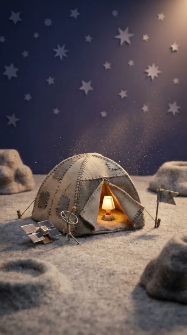 A felt moon surface with a stitched dome tent under a deep blue sky of cut-paper stars, dust drifting slowly.