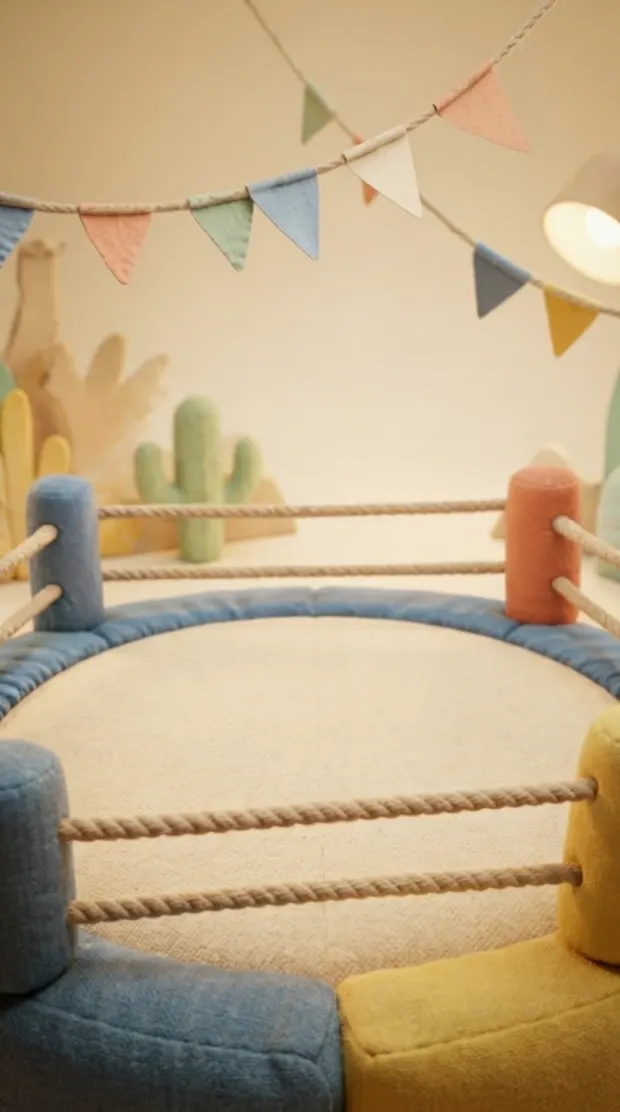 A soft toy wrestling ring of padded fabric and rope, bunting swaying, two characters cheering on the mat.