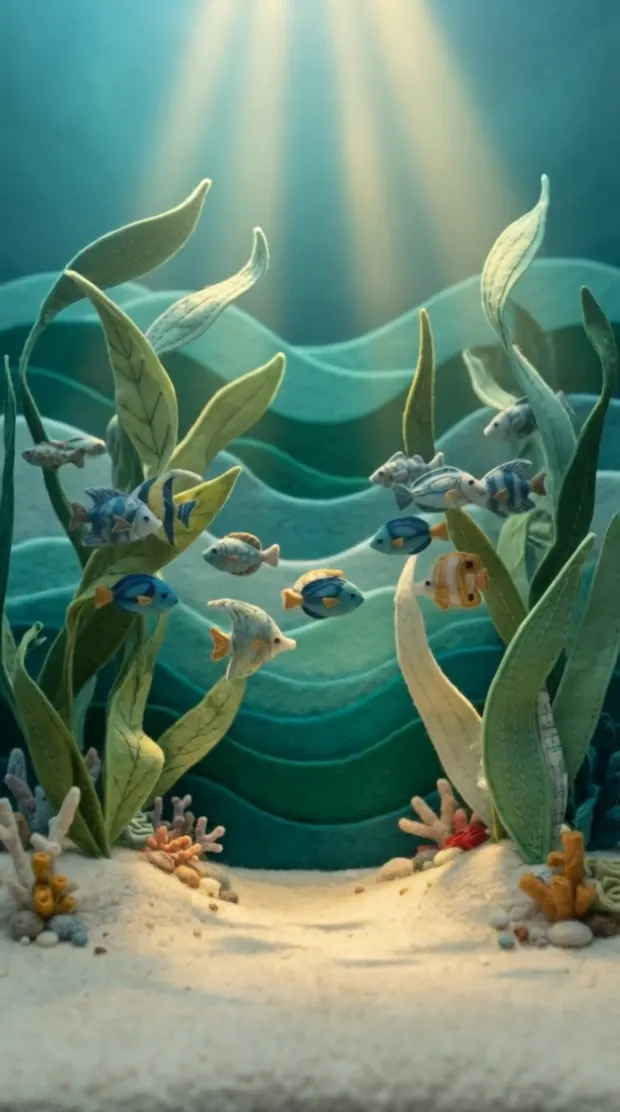 Layered felt waves and fabric kelp swaying, small stitched fish drifting past in a slow parade.